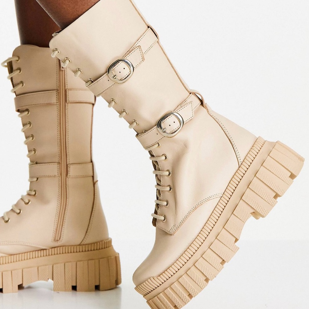 Asos Design Cosmic premium leather chunky lace up boots in beige
